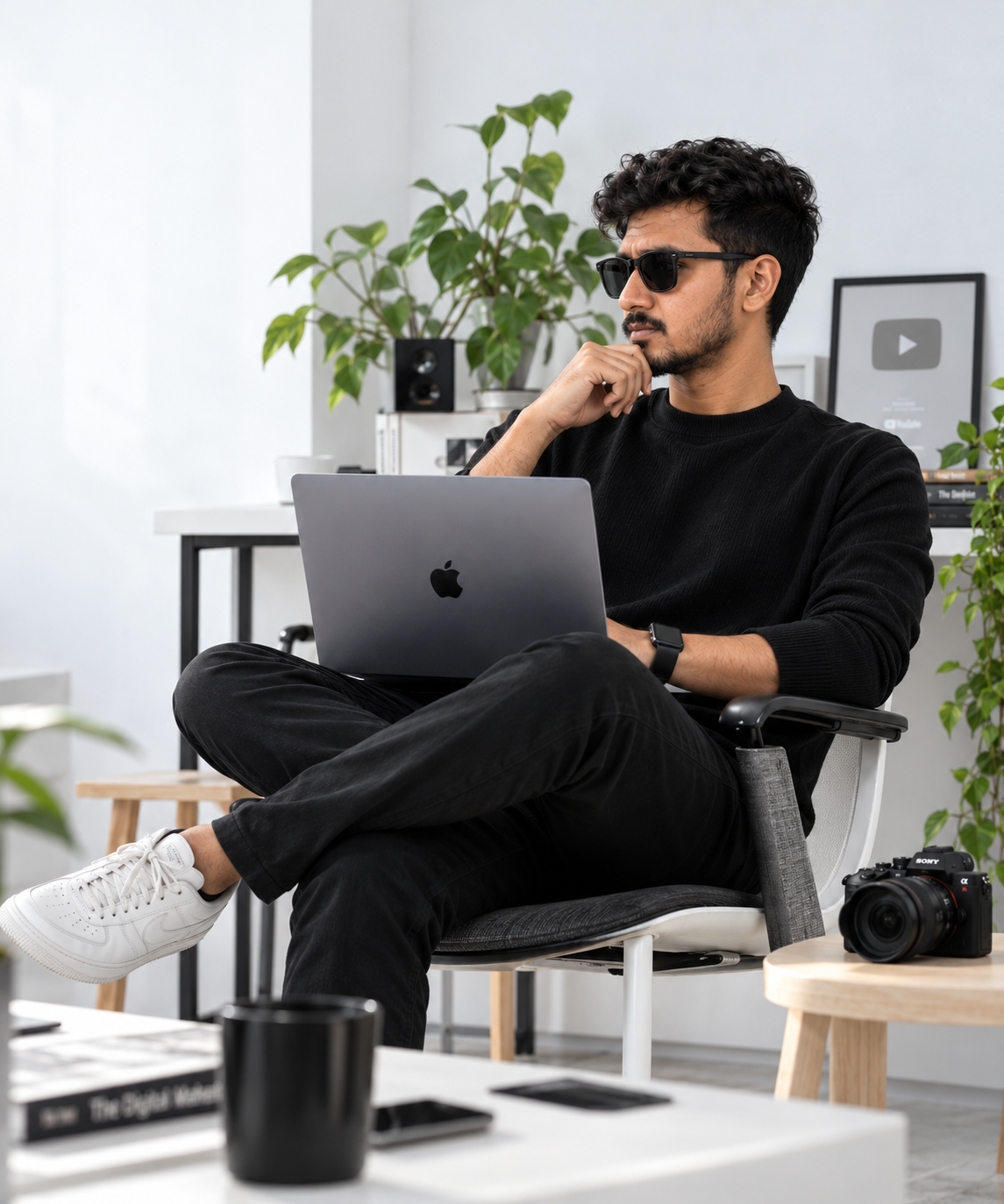 Rohit Deshmukh seated with a laptop in a creative workspace